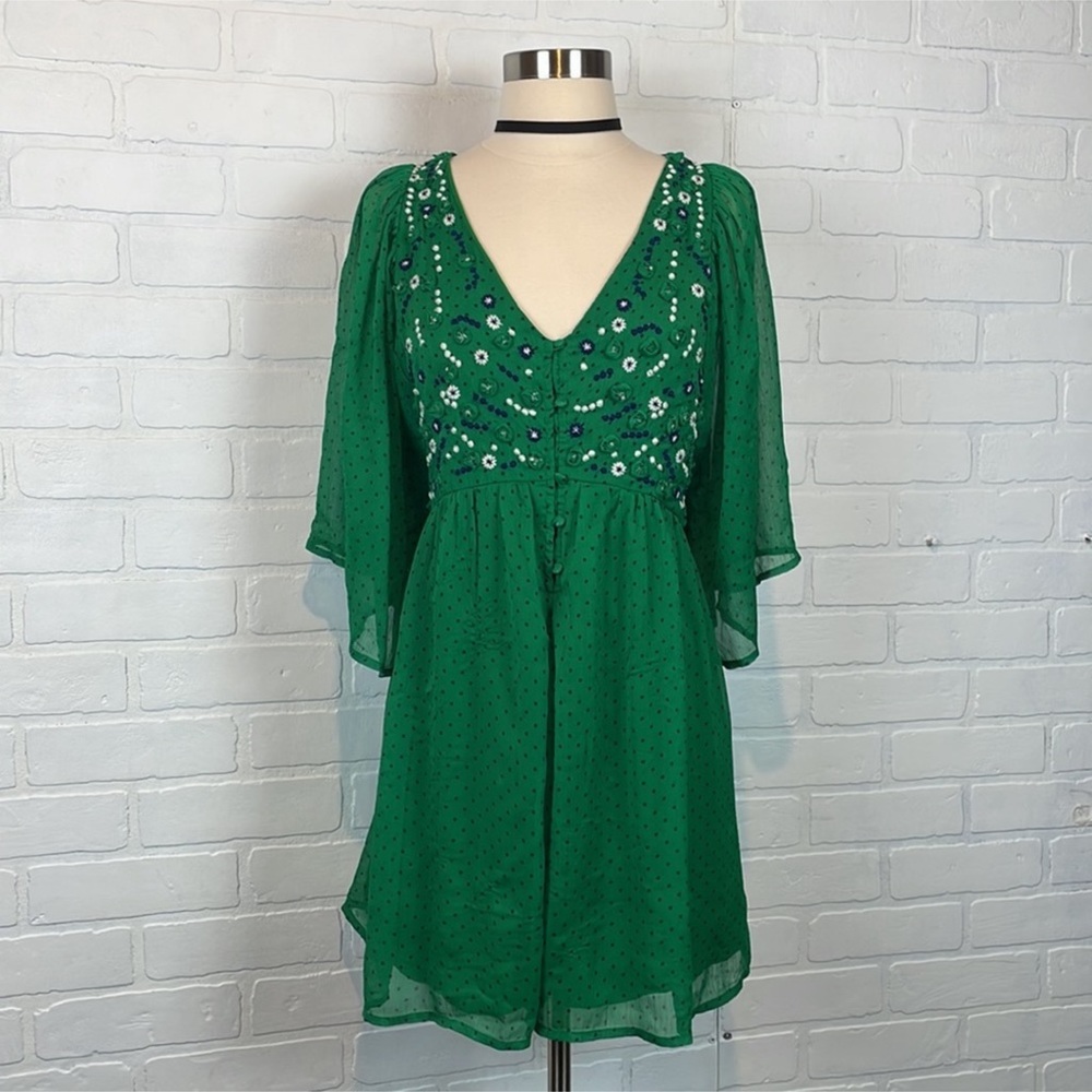 Zara Basic Kelly Green Polka Dot Chiffon Floral Embroidered Romper M